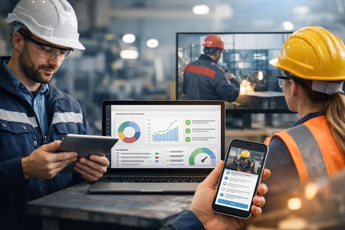 Workers in hard hats following OHS training on a tablet, laptop and phone